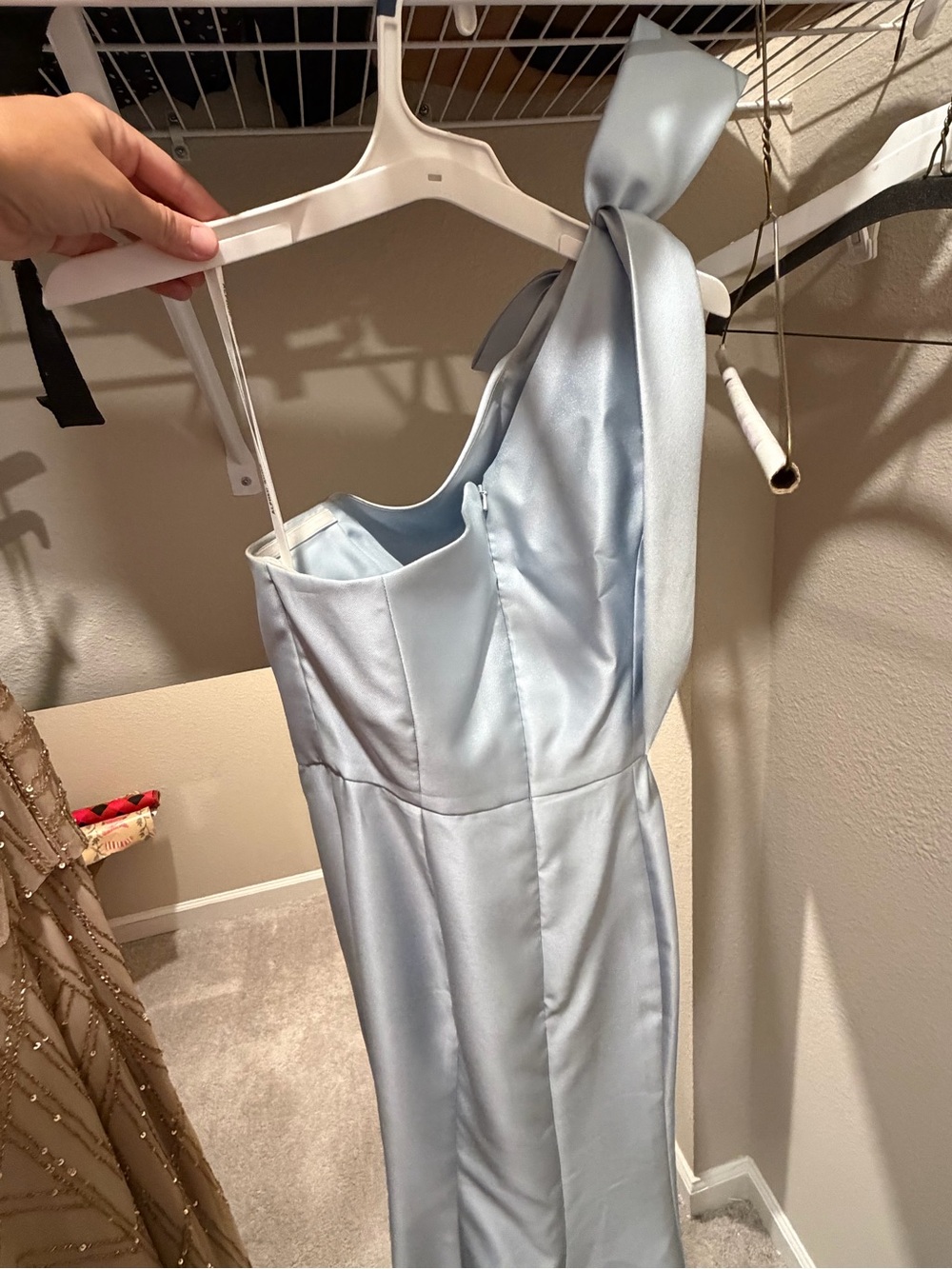 ALFRED SUNG One-Shoulder Satin Gown in Mist Blue - Picture 3 of 4